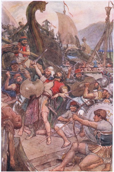 Tod des persischen Admirals bei Salamis, aus Plutarchs Leben, veröffentlicht von T C & E C Jack Ltd, 1920er Jahre von William Rainey